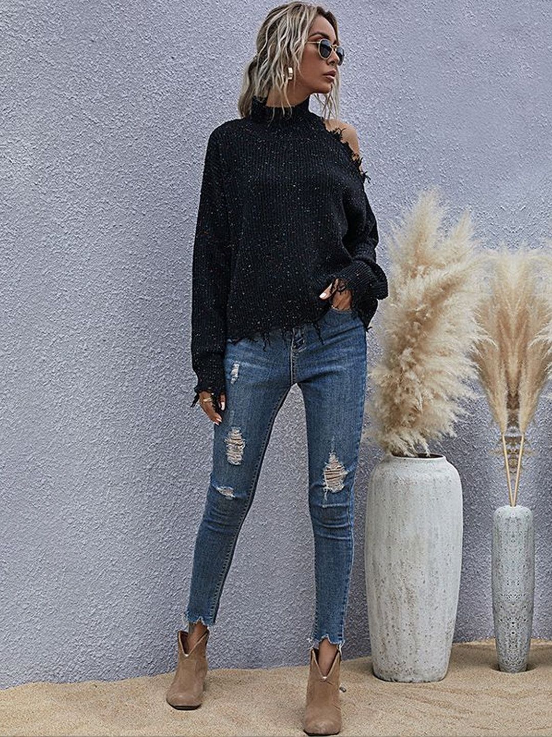 Women's Black Speckled Pullover With Fringed Detail