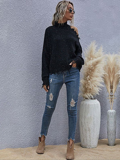 Women's Black Speckled Pullover With Fringed Detail