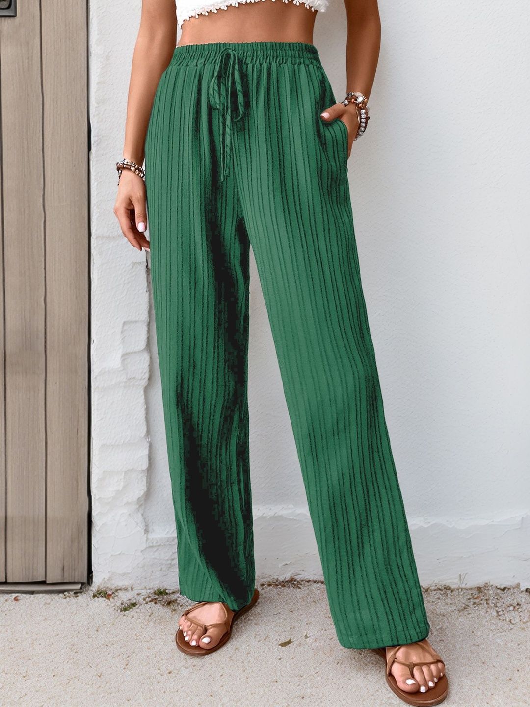Women Textured Loose Fit Non Iron Trousers