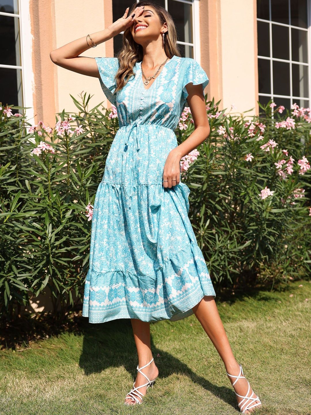 Floral Print Flutter Sleeve A-Line Midi Dress