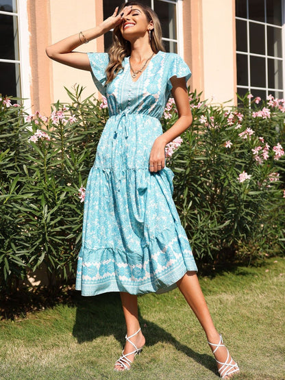 Floral Print Flutter Sleeve A-Line Midi Dress