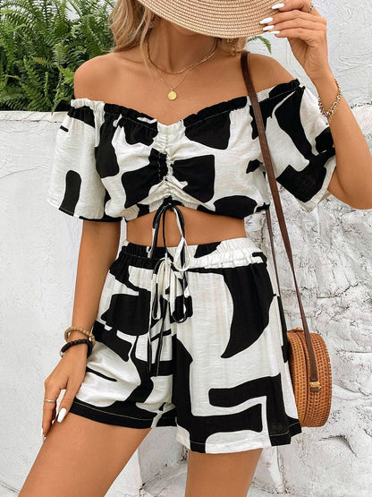 Printed Off-Shoulder Top & Shorts Co-Ords