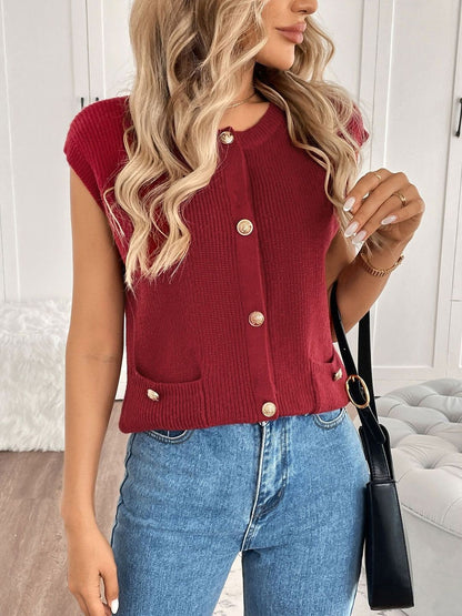 Women's Maroon Ribbed Sleeveless Cardigan