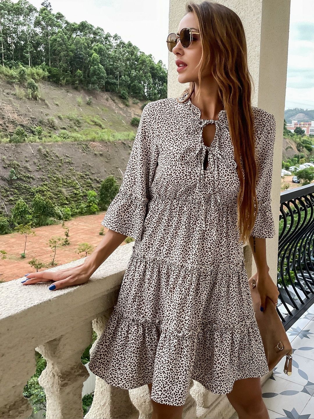 Animal Print Tie-Up Neck Flared Sleeve Fit & Flare Dress