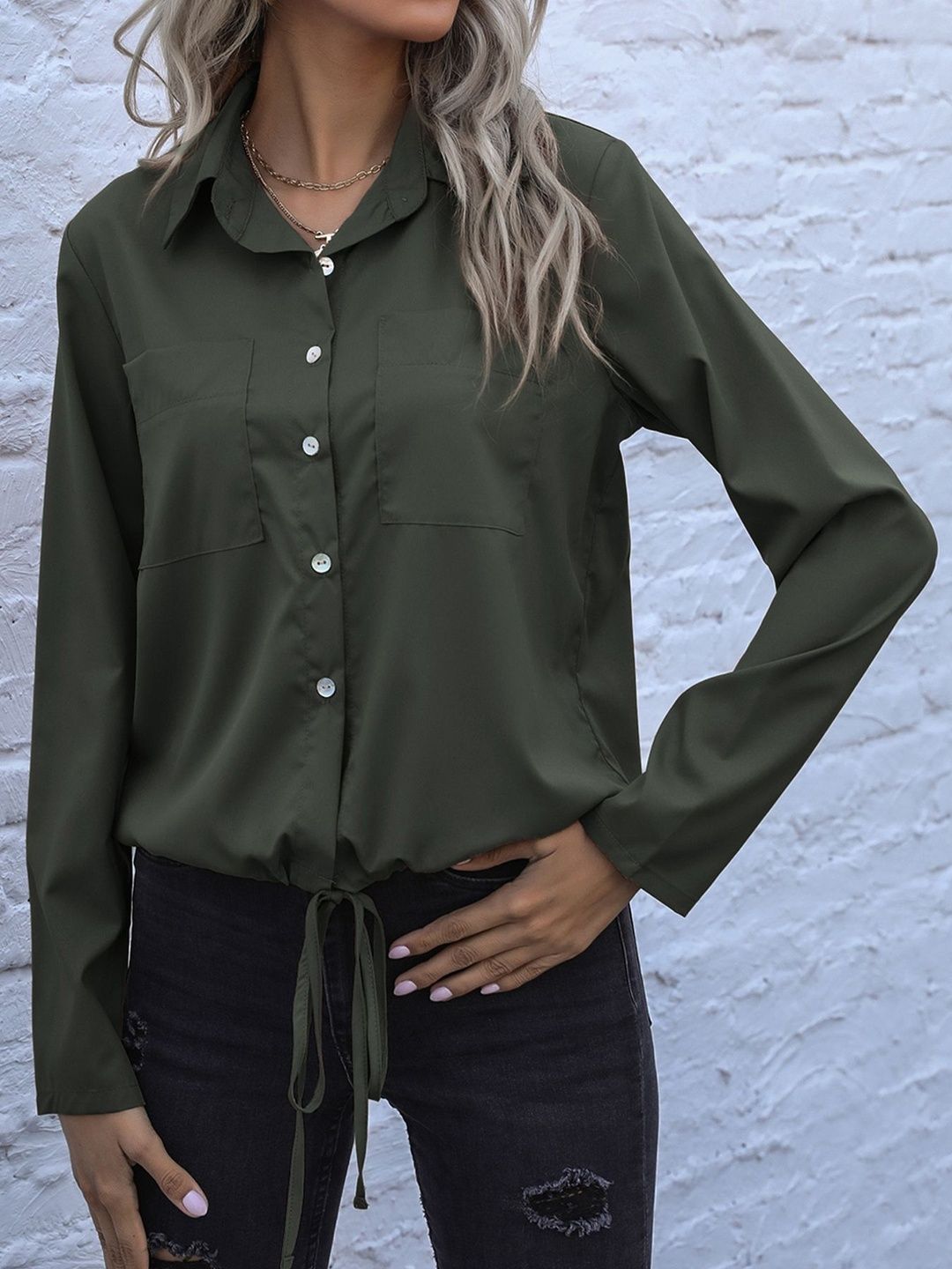 Casual Shirt in Green Cotton Style 311 - Nowi Korean Fashion