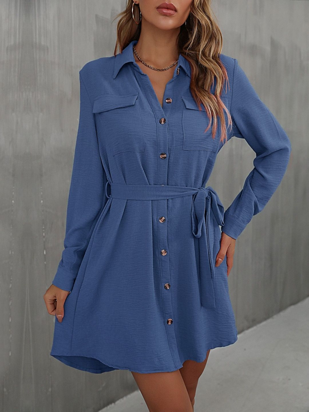 Women's Blue Shirt Dress Blend Printed Regular Fit