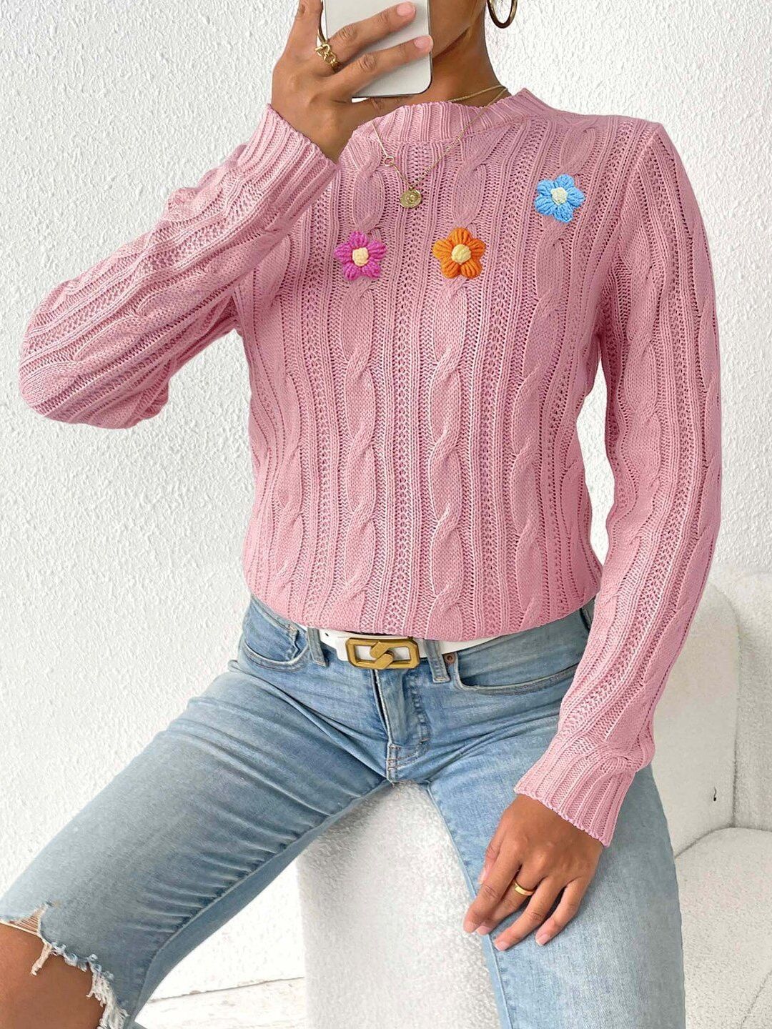 Women Cable Knit Pullover with Applique Detail
