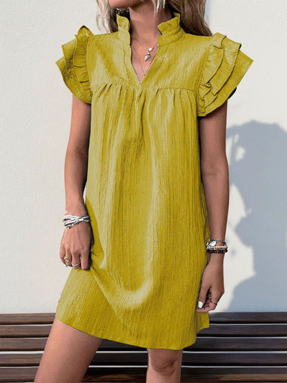 Flutter Sleeve Dress in Yellow cotton - Nowi Korean Fashion