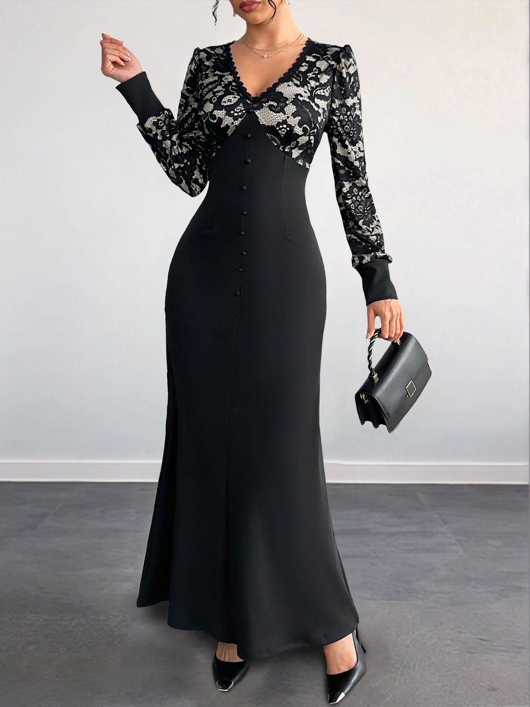 Women's Black Floral Embroidered Puff Sleeve Fit & Flare