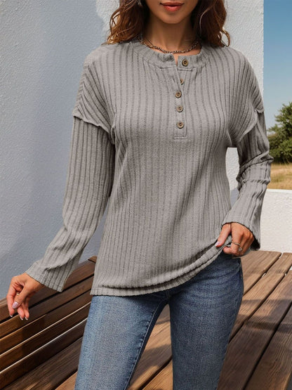 Henley Neck T-shirt in Grey Cotton - Nowi Korean Fashion