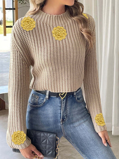 Women Ribbed Crop Pullover with Embellished Detail