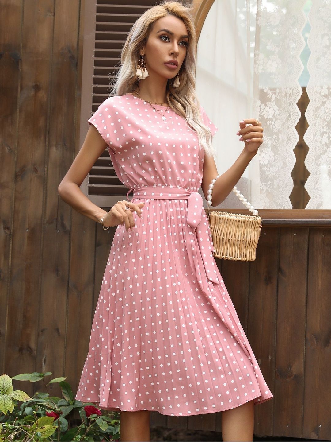 Polka Dot Print Fit & Flare Midi Dress in Pink cotton Printed - Nowi Korean Fashion