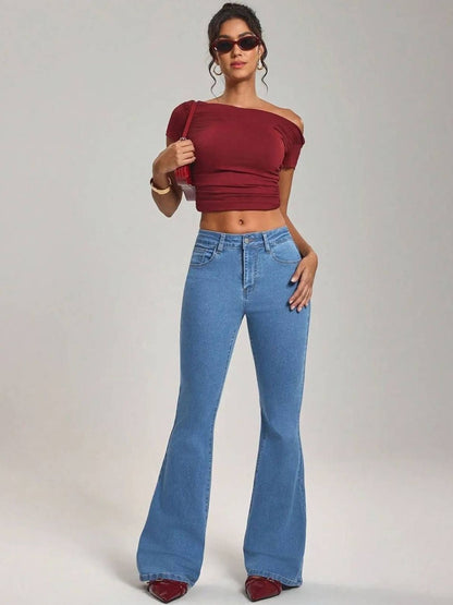Bootcut High-Rise Stretchable Jeans in Blue cotton Style 392 - Nowi Korean Fashion