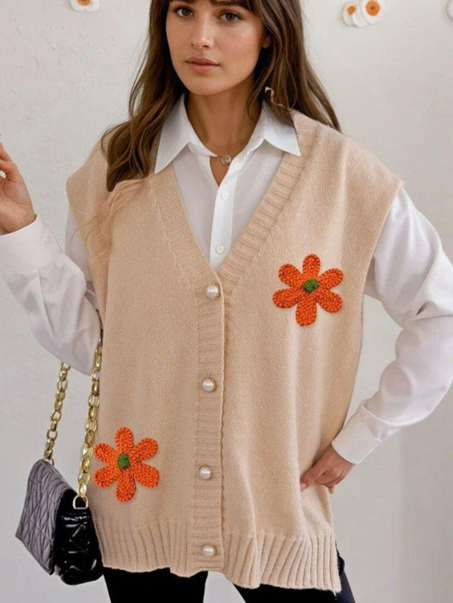 Sweater Vest with Applique Detail in Beige acrylic Sleeveless - Nowi Korean Fashion