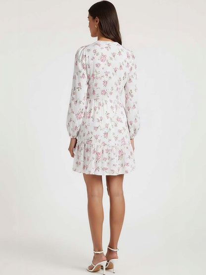 Floral Print Puff Sleeve Ruffled Fit & Flare Mini Dress