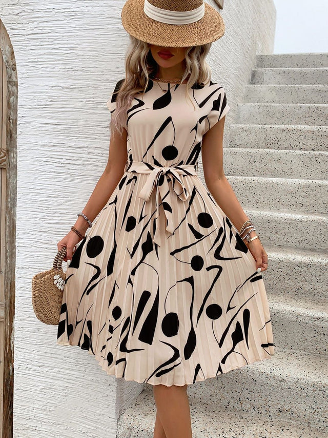 Print Fit & Flare Midi Dress in Beige polyester - Nowi Korean Fashion