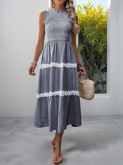 Striped Puff Sleeve A-Line Midi Dress in Blue cotton - Nowi Korean Fashion