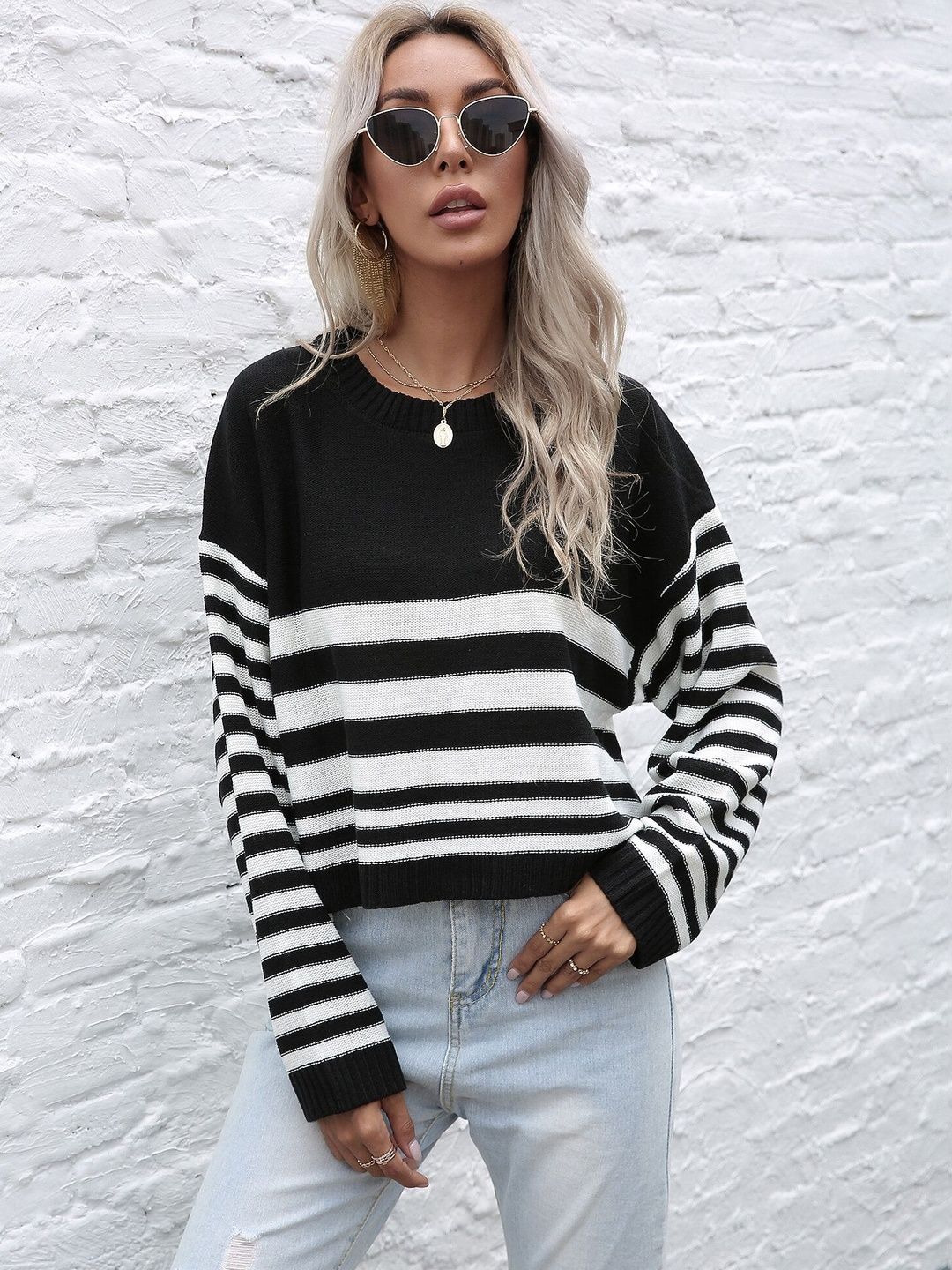 Striped Crop Acrylic Pullover in Black - Nowi Korean Fashion