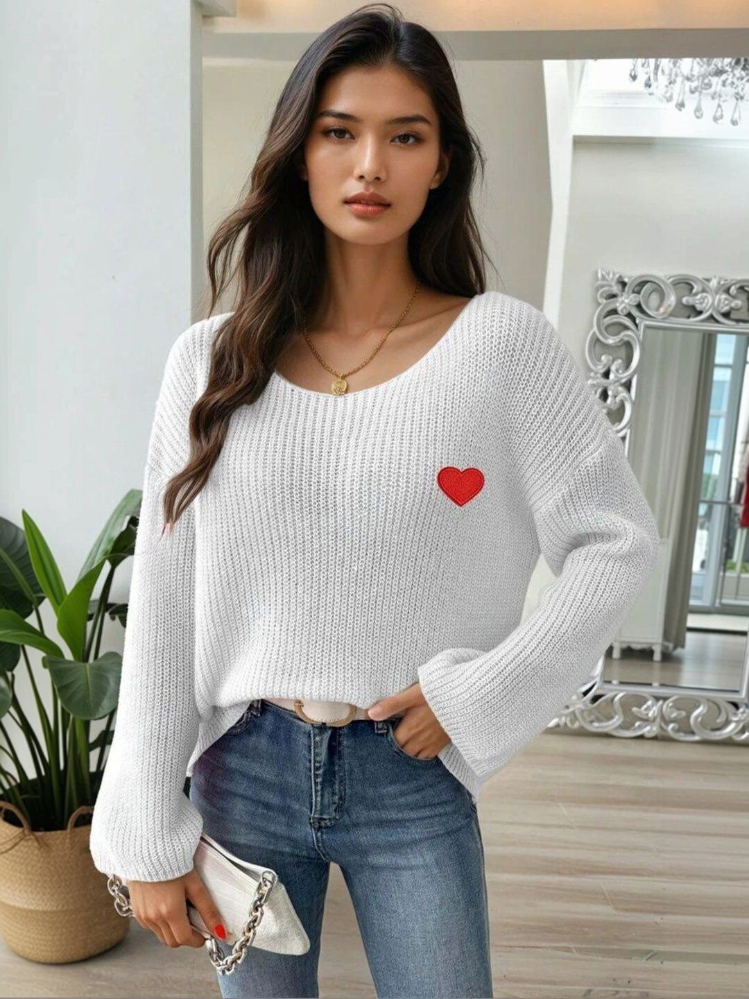 Pullover with Embroidered Detail in White acrylic - Nowi Korean Fashion