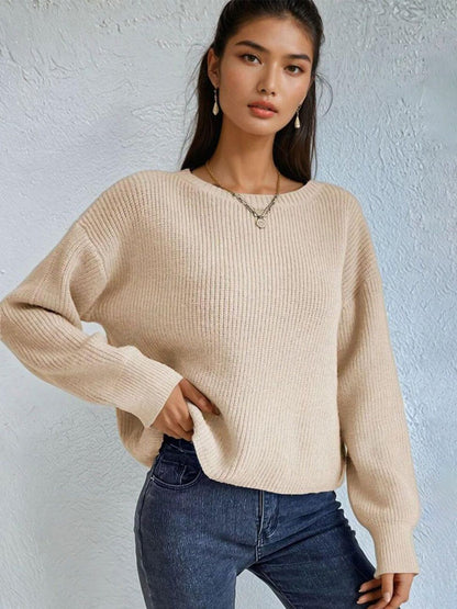 Ribbed Pullover in Beige acrylic Style 687 - Nowi Korean Fashion