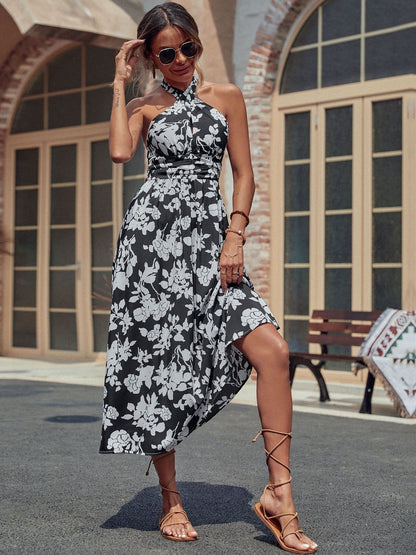 Floral Print Halter Neck Fit & Flare Midi Dress
