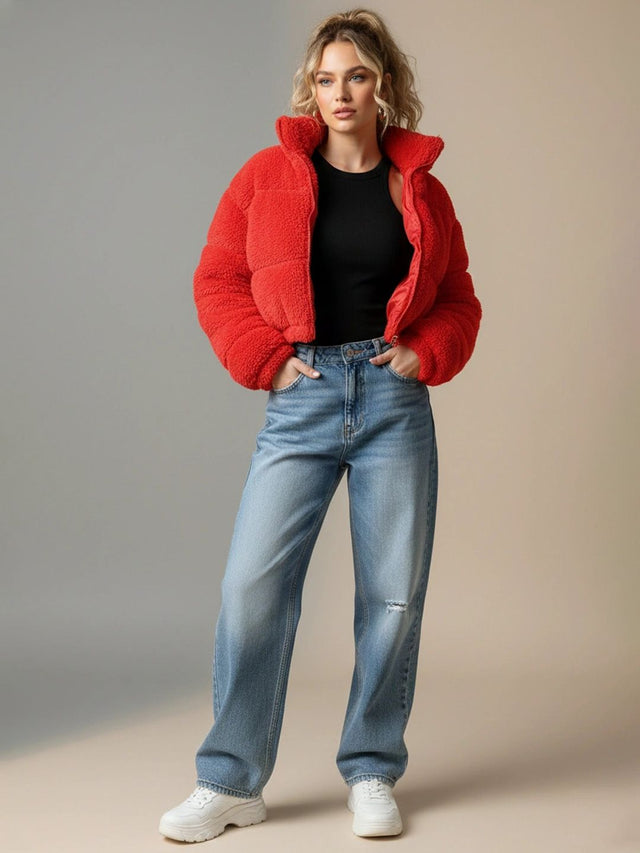 NOWI Women Woollen Crop Puffer Jacket