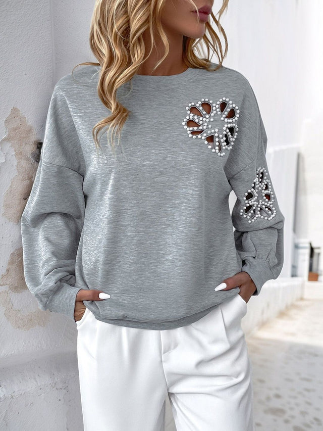 Embellished Sweatshirt in Grey Cotton Long Sleeve - Nowi Korean Fashion