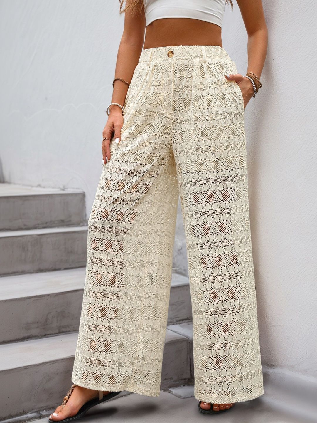 Women Textured Loose Fit High-Rise Non Iron Trousers