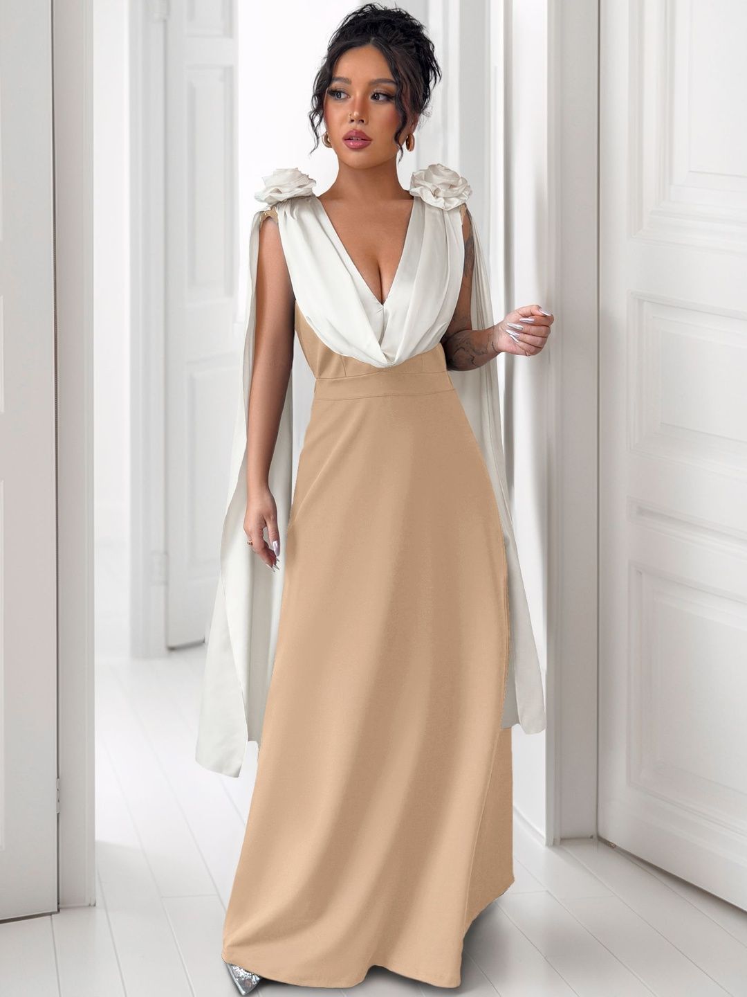 Ruffled Maxi Dress in Beige polyester - Nowi Korean Fashion