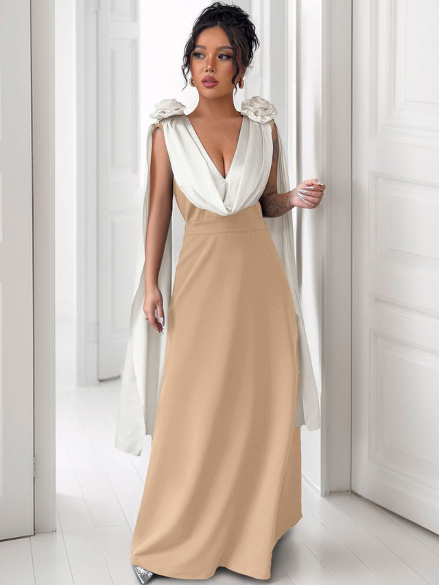 Ruffled Maxi Dress in Beige polyester - Nowi Korean Fashion