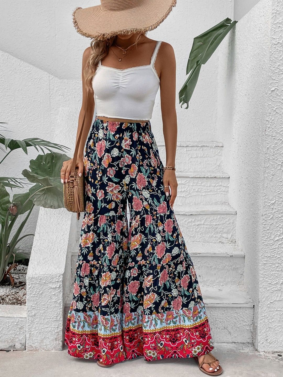 Floral Printed Loose Fit Non Iron Trousers Style 567 - Nowi Korean Fashion