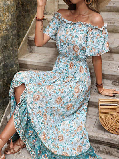 Floral Print Off-Shoulder Flared Sleeve A-Line Midi Dress