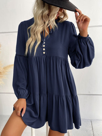 Women's Blue Nowi Puff Sleeve A-Line Dress