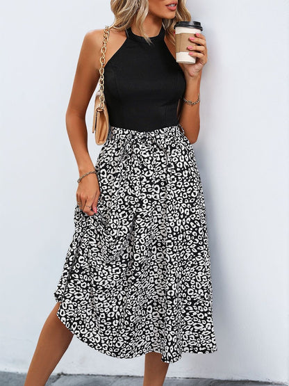 Animal Print Halter Neck Fit & Flare Midi Dress in Black cotton Printed - Nowi Korean Fashion