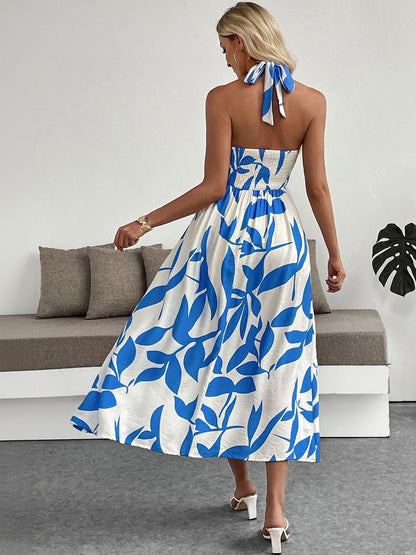 Floral Print Halter Neck A-Line Midi Dress