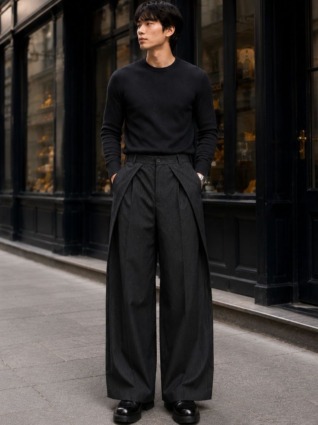 Men Striped Relaxed High-Rise Pleated Trousers
