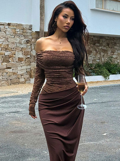 Women's Brown Off-Shoulder Embellished Maxi Dress