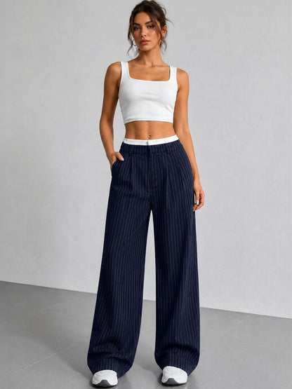 Women Striped Relaxed High-Rise Pleated Trousers