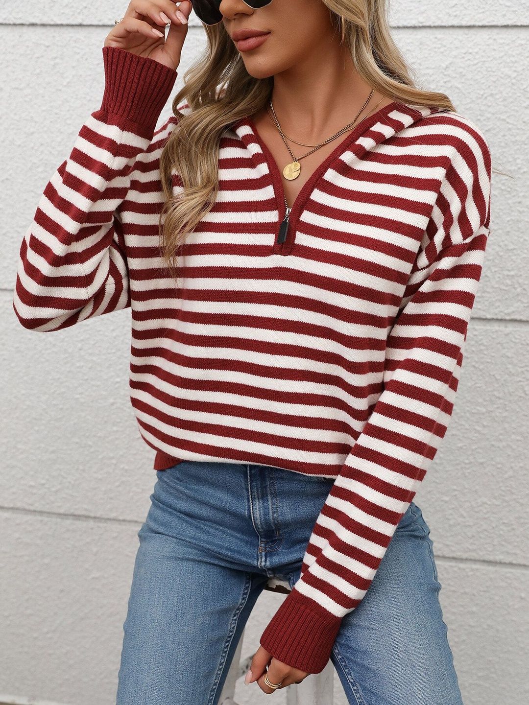 Striped Pullover in Maroon - Nowi Korean Fashion