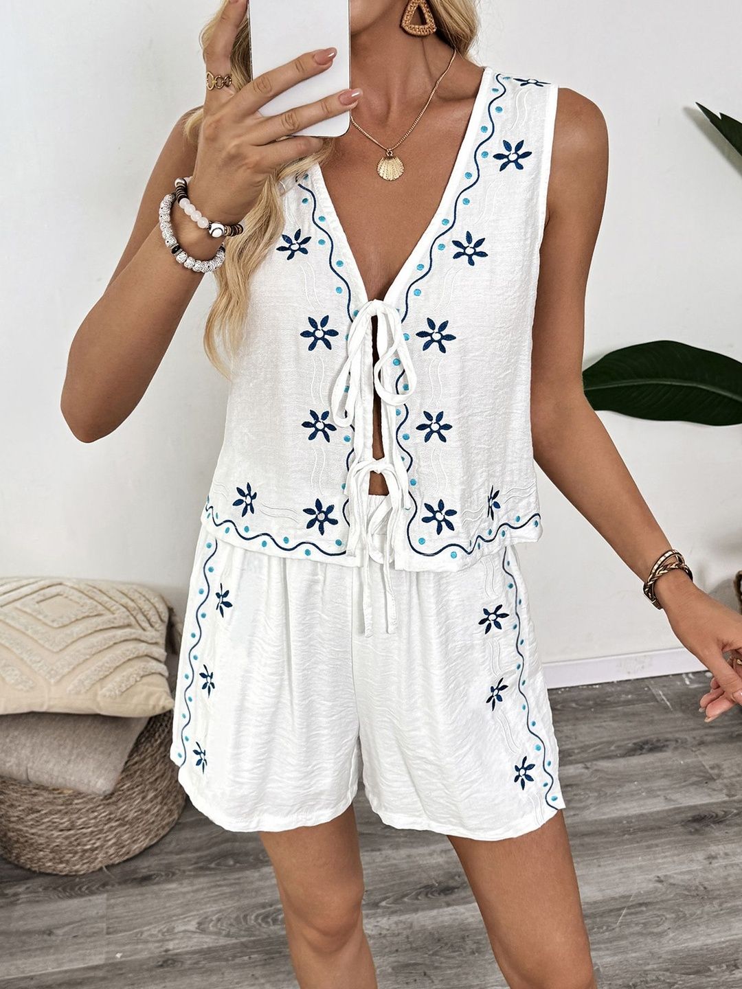 Embroidered Top With Shorts Co-Ords
