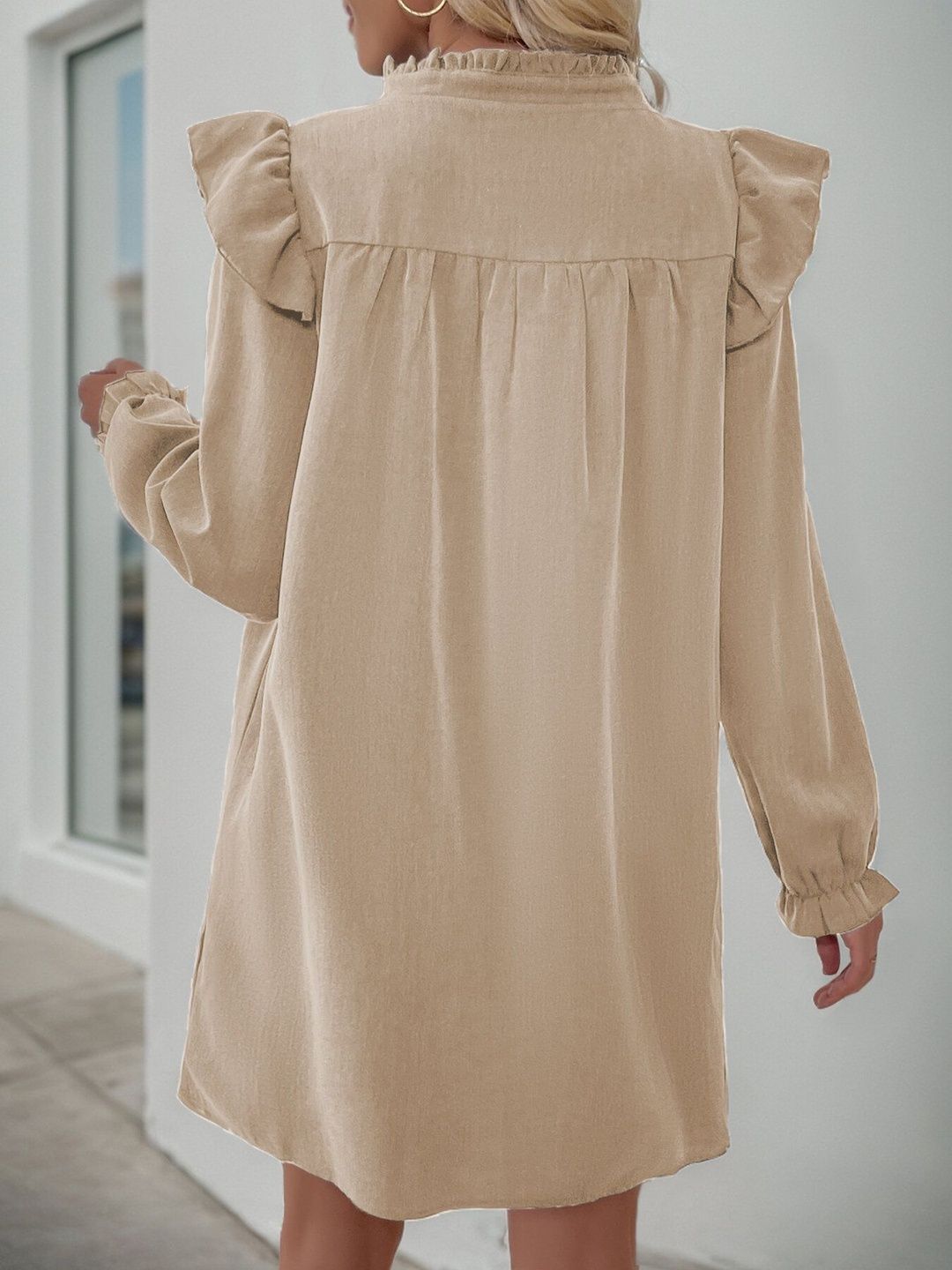 Women's Beige Flared Sleeve Ruffled Dress