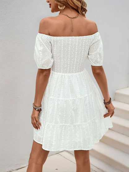 Embellished Embroidered Off-Shoulder Puff Sleeve A-Line Dress