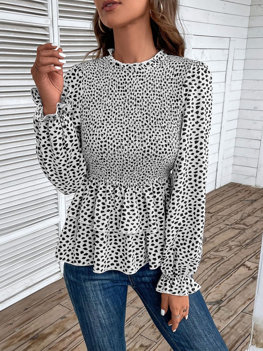Women's White Chic Polka Dot Peplum Top
