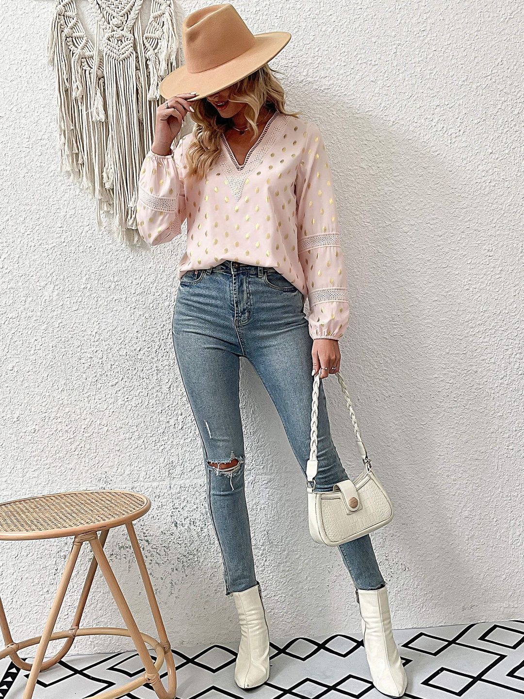 Women's Pink Polka Dot Print Bishop Sleeves Top