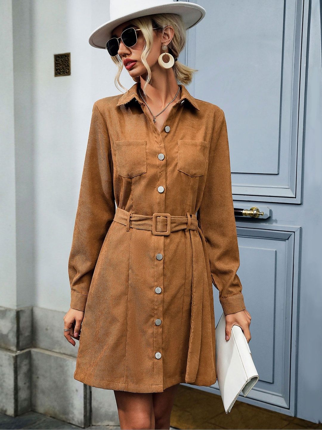 Women's Brown Shirt Dress Blend Printed Regular Fit