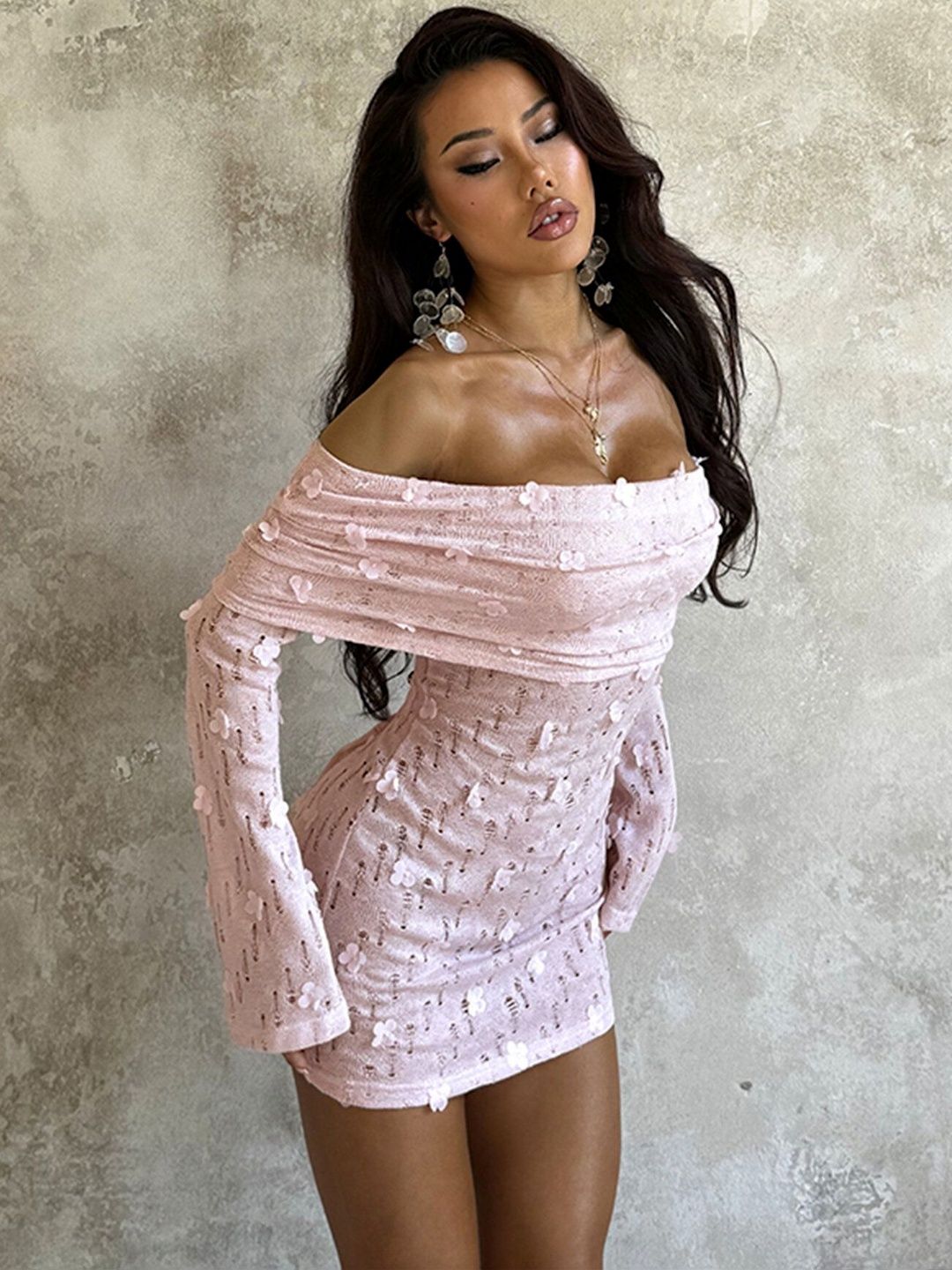 Pink Floral Embellished Off-Shoulder Mini Dress