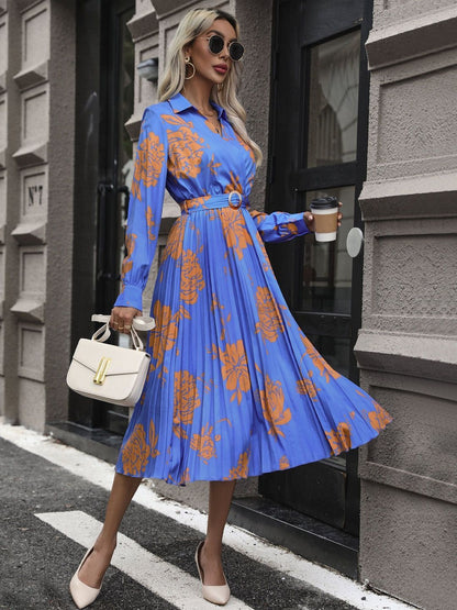 Women's Blue Floral Print A-Line Midi Dress Blend