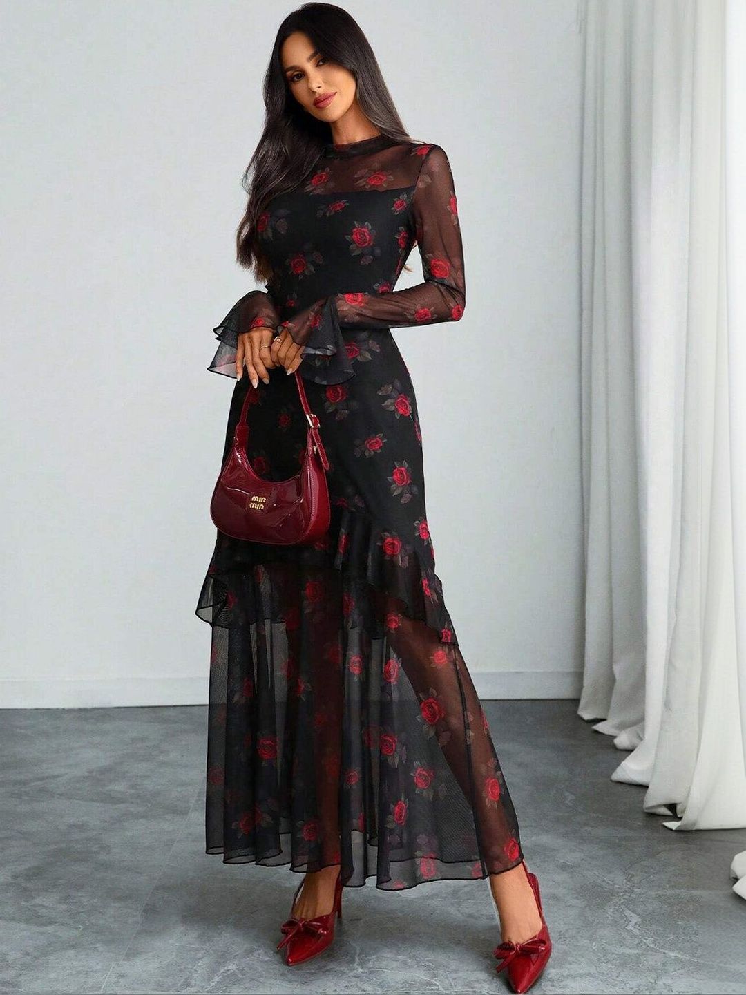 Floral Print Flared Sleeve Ruffled Sheath Maxi Dress