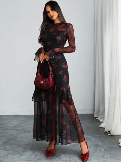 Floral Print Flared Sleeve Ruffled Sheath Maxi Dress