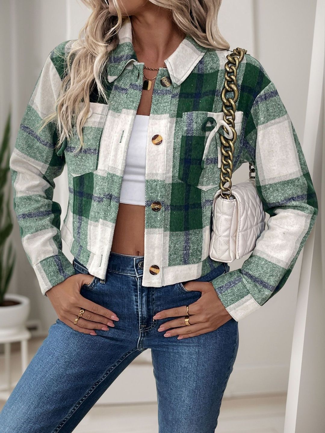 Women Checked Crop Tailored Jacket